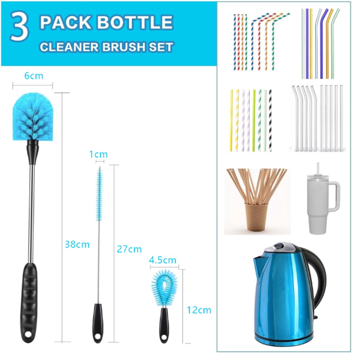 Bottle Brush - 3 Pieces - Bottle Brush - Cleaning Brush - Multifunctional Brushes - Long Bottle Brush - Scratch and BPA Free - Blue - Bottle Feeding Accessories - Image 5