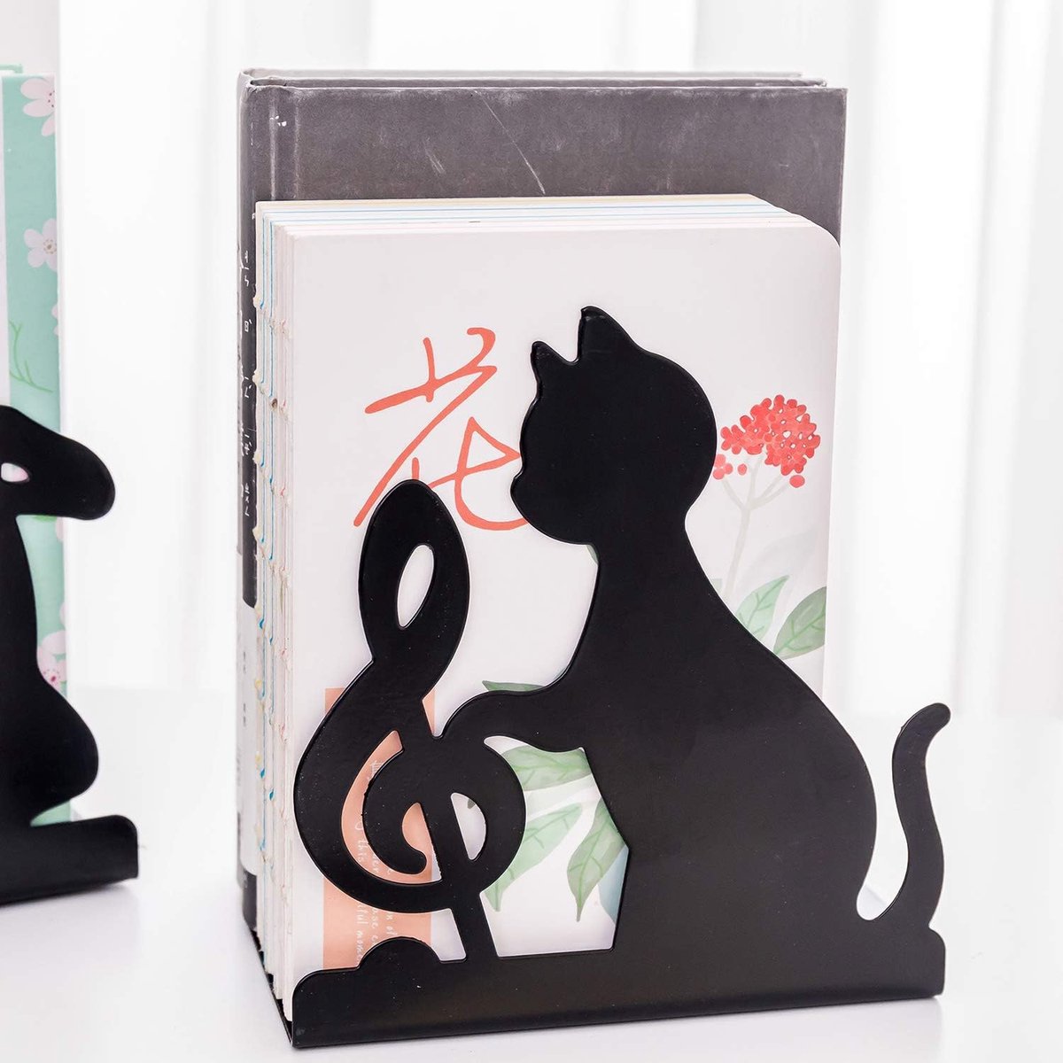Metal Bookends - Set of 2 - Heavy Duty Black Metal Bookends - Cat Music Note - Non-Slip Durable Sturdy Book Organizer - For Bedroom Library Office - Book Stand - Book Holder - Bookend - Book Holder - Black - Image 2