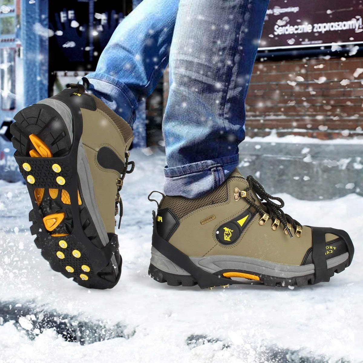 Snow grips over shoes/boots 10 studs Ice Traction Universal Slip on Stretch Fit Snow and Ice, Snow Cleats Crampons Ice Spikes Snow Grips for Winter - M (36-40) - Image 5