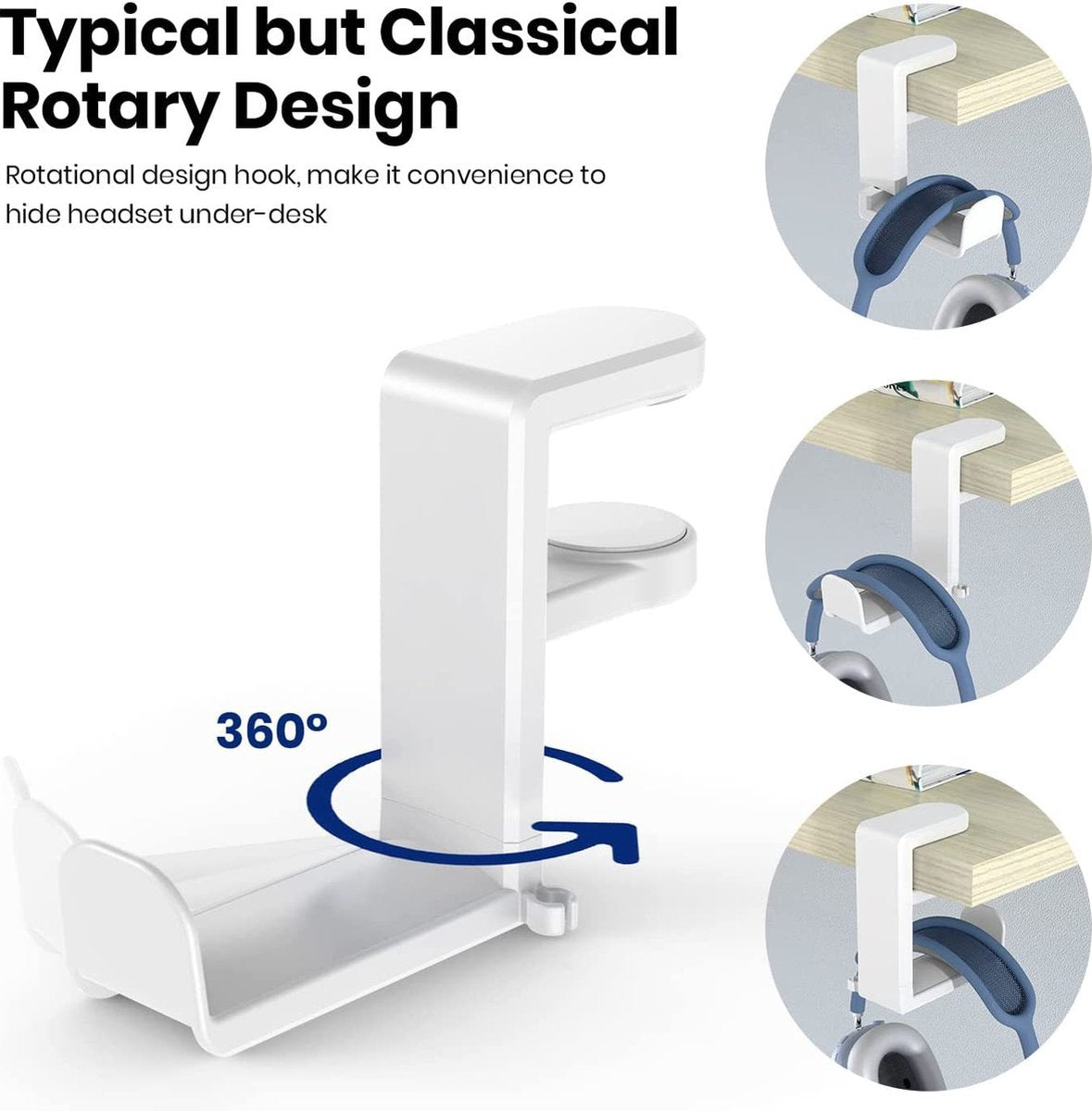 Headset Holder - Headphone Hook - Headphone Stand - Headset Hanger - 11.43 * 10.16 * 4cm - Plastic - White - Adjustable - Rotating Arm Clamp - Non-slip - Headphone Holder for Under Desk - Image 2
