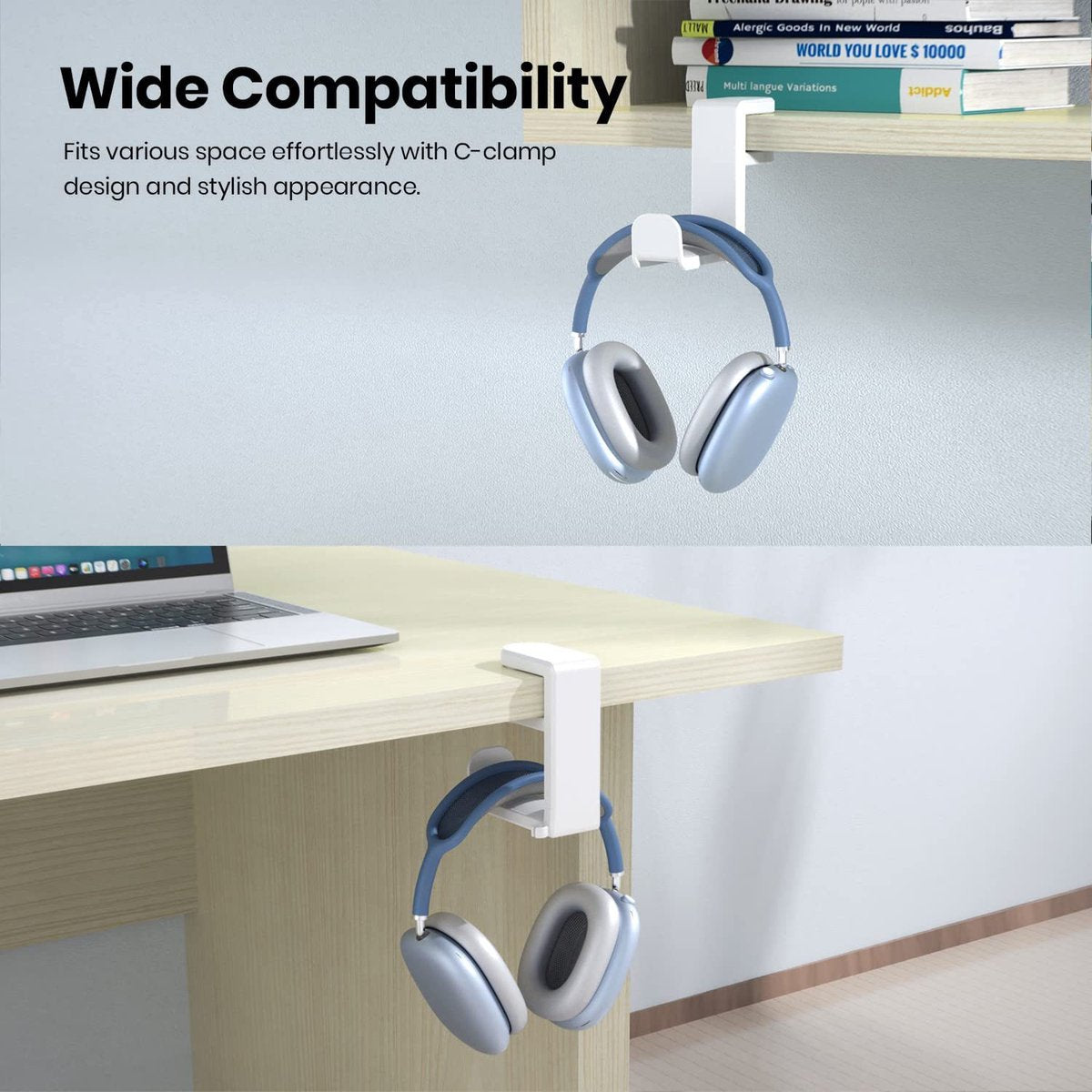 Headset Holder - Headphone Hook - Headphone Stand - Headset Hanger - 11.43 * 10.16 * 4cm - Plastic - White - Adjustable - Rotating Arm Clamp - Non-slip - Headphone Holder for Under Desk - Image 3