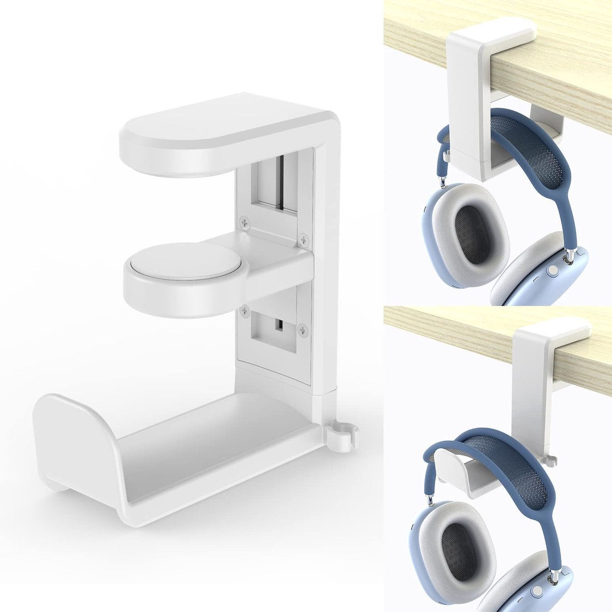 Headset Holder - Headphone Hook - Headphone Stand - Headset Hanger - 11.43 * 10.16 * 4cm - Plastic - White - Adjustable - Rotating Arm Clamp - Non-slip - Headphone Holder for Under Desk - Image 4