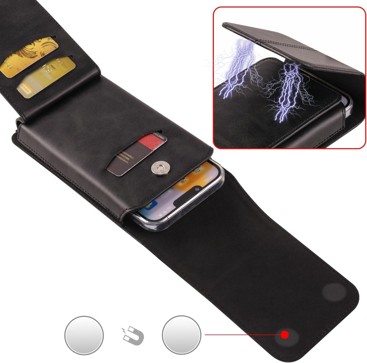Phone Bag - Black - 15.5*8*2cm - PU Leather - For 6.1 Inch Mobile Phones - With Belt Clip - With Credit Card Slot - Phone Holder Belt Men - Waist Bag - Outdoor Belt Bag - Suitable for Hiking/Outdoor Sports - Image 3