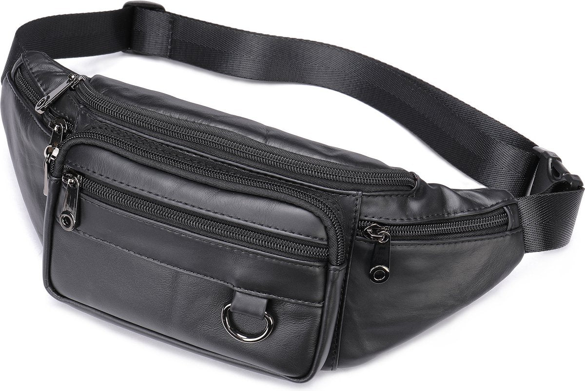Belt bag - Phone bag - Crossbody - Pouch bag - Leather - Black - 19 x 11 x 3 cm - 6 compartments - Durable - Waterproof - for Travel, Outdoor, Hiking, Sports - Image 2