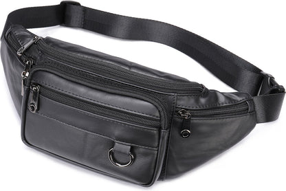 Belt bag - Phone bag - Crossbody - Pouch bag - Leather - Black - 19 x 11 x 3 cm - 6 compartments - Durable - Waterproof - for Travel, Outdoor, Hiking, Sports - Image 2