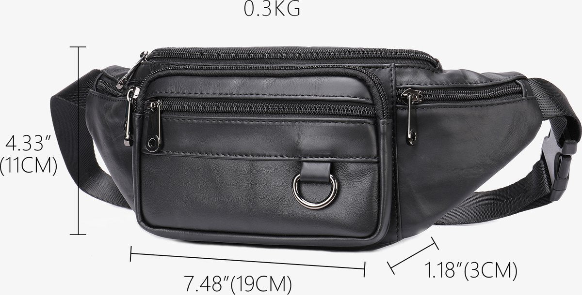 Belt bag - Phone bag - Crossbody - Pouch bag - Leather - Black - 19 x 11 x 3 cm - 6 compartments - Durable - Waterproof - for Travel, Outdoor, Hiking, Sports - Image 3