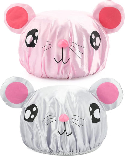 Shower cap - 2 pieces - pink mouse and gray mouse - cute shower cap with double layer - waterproof - Bath cap, children, long hair, shower cap