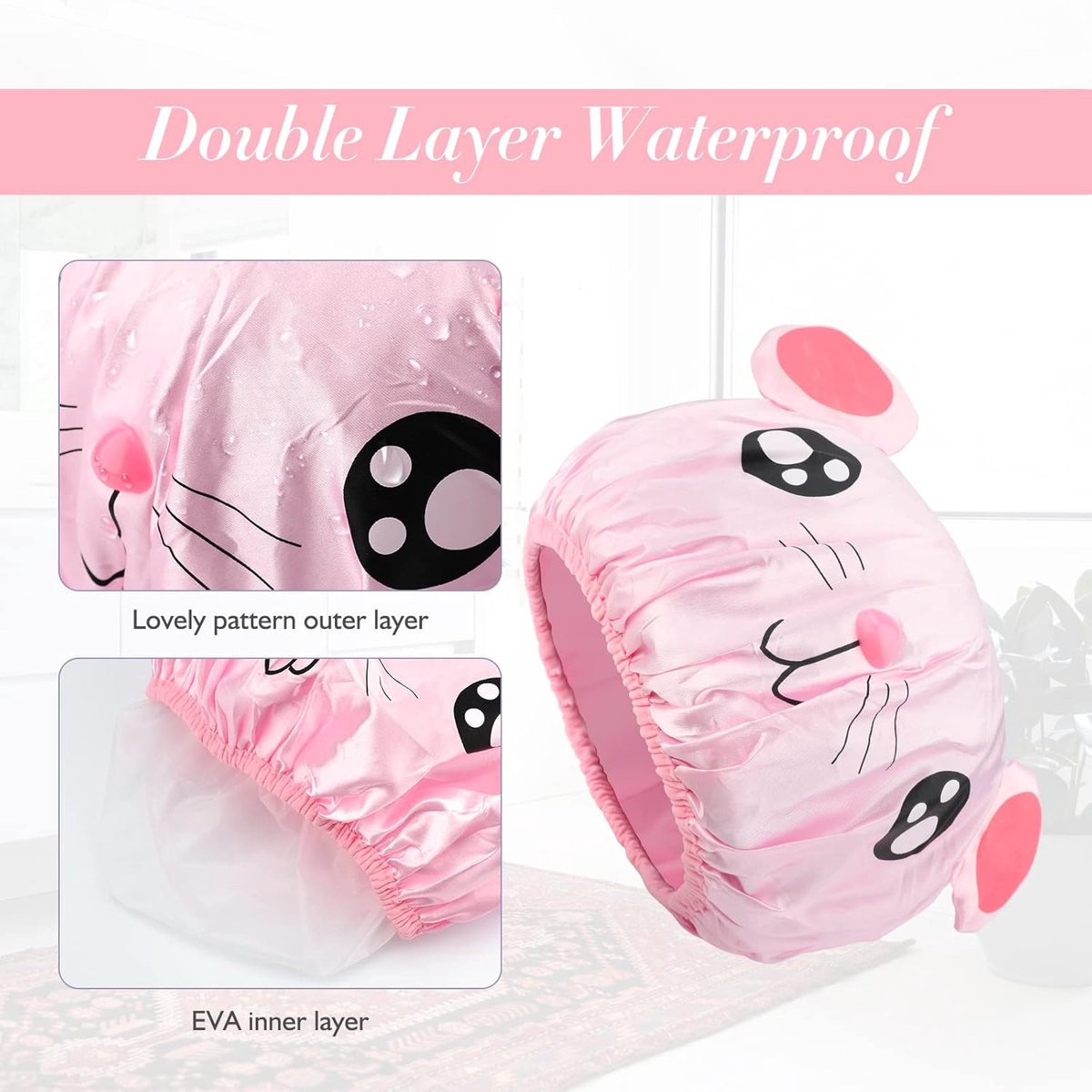 Shower cap - 2 pieces - pink mouse and gray mouse - cute shower cap with double layer - waterproof - Bath cap, children, long hair, shower cap - Image 2