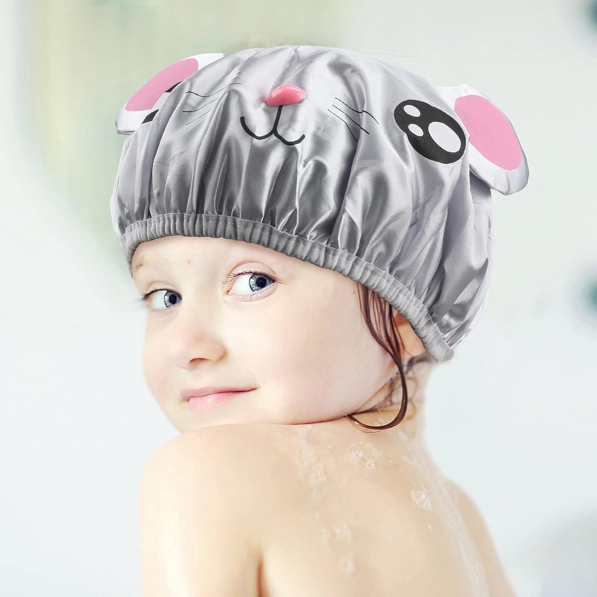 Shower cap - 2 pieces - pink mouse and gray mouse - cute shower cap with double layer - waterproof - Bath cap, children, long hair, shower cap - Image 4