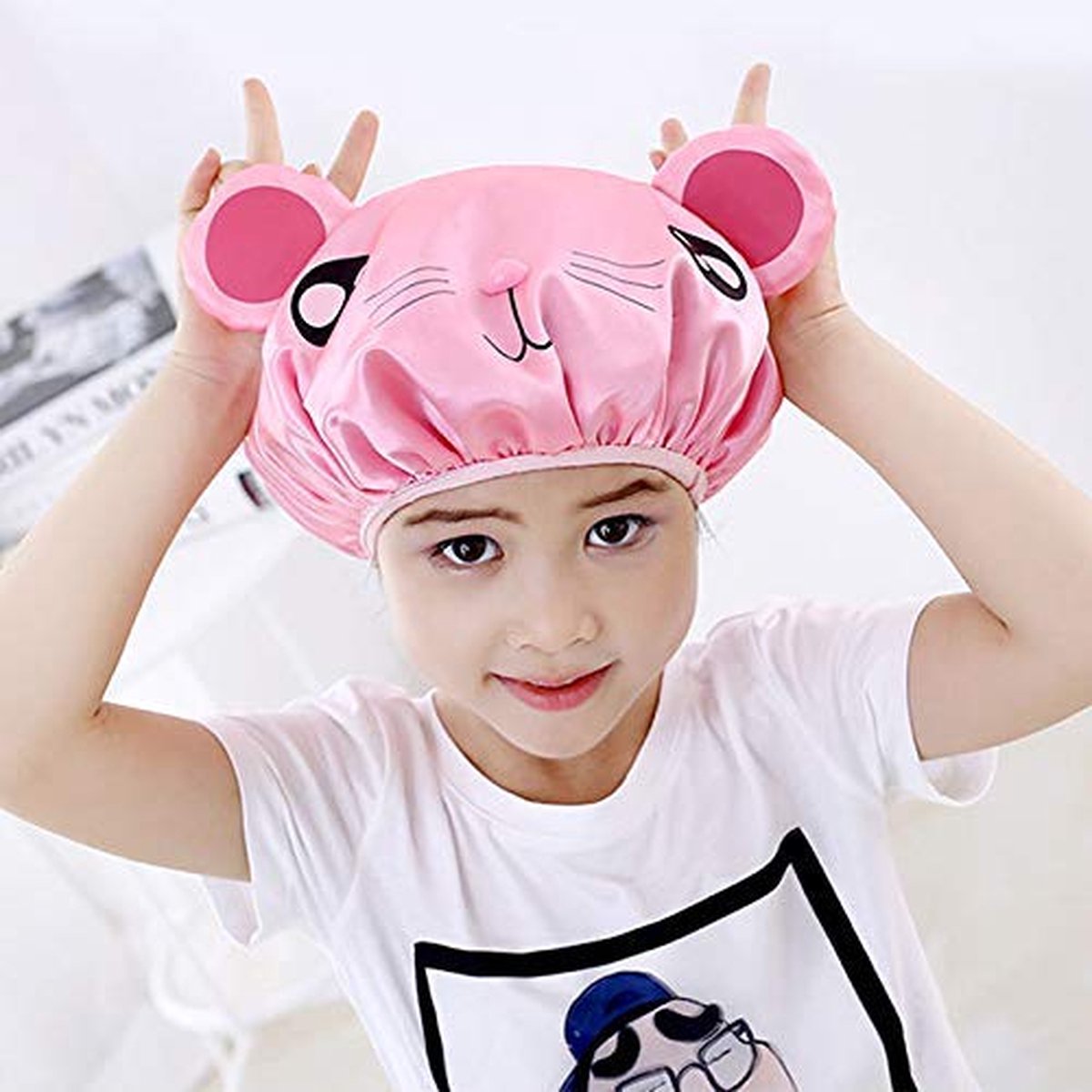 Shower cap - 2 pieces - pink mouse and gray mouse - cute shower cap with double layer - waterproof - Bath cap, children, long hair, shower cap - Image 5