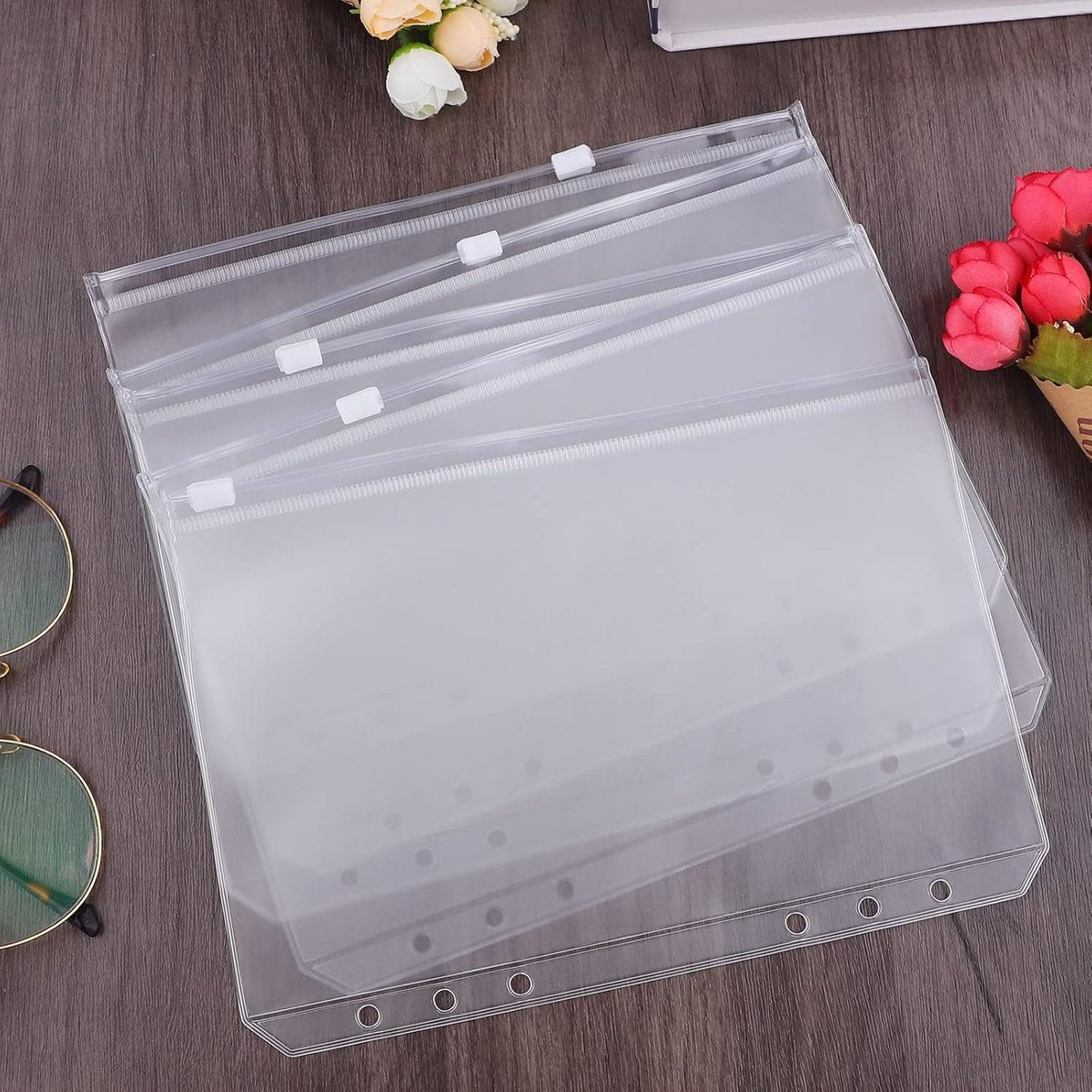 Folder - 18 Pieces - A5 Zip Bags - PVC - Waterproof - Folder Binders for 6-Ring Folders - Folder Binders - Zipper Bags for Documents - A5 Show Bag - Binder Bags - For Storage and Organization at Home, in the Office and at School - 21×15cm - Transparent - Image 2