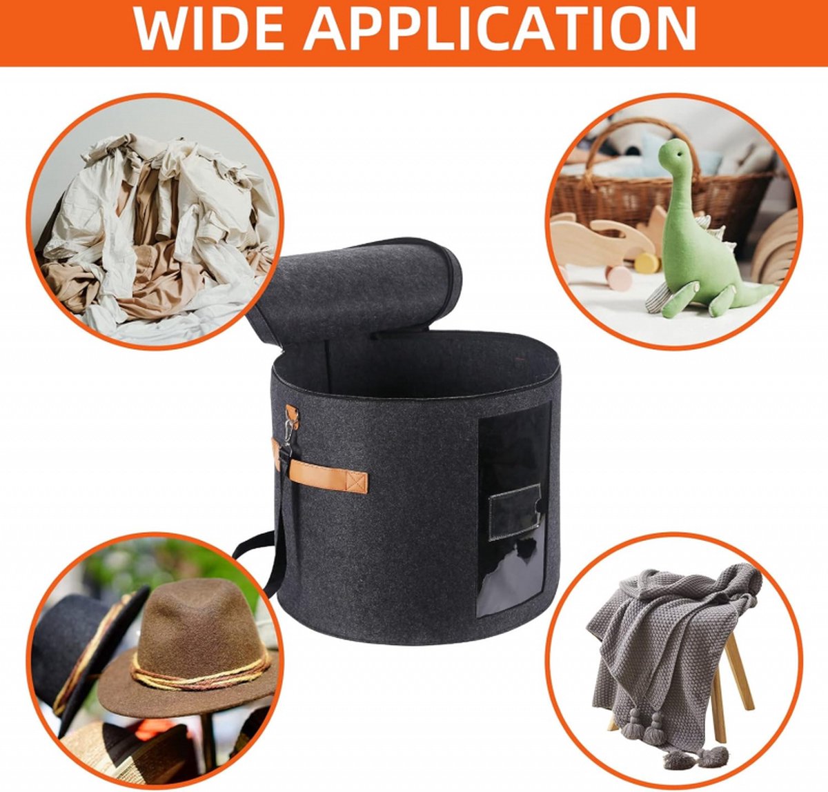 Hat box - storage boxes - Hat storage box - round - dark gray - 50 x 43 cm - felt - foldable - with lid and carrying handle and zipper - transparent window - Image 3