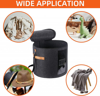 Hat box - storage boxes - Hat storage box - round - dark gray - 50 x 43 cm - felt - foldable - with lid and carrying handle and zipper - transparent window - Image 3