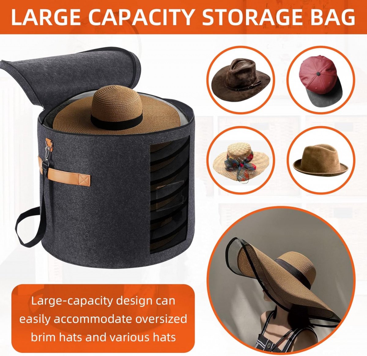 Hat box - storage boxes - Hat storage box - round - dark gray - 50 x 43 cm - felt - foldable - with lid and carrying handle and zipper - transparent window - Image 4