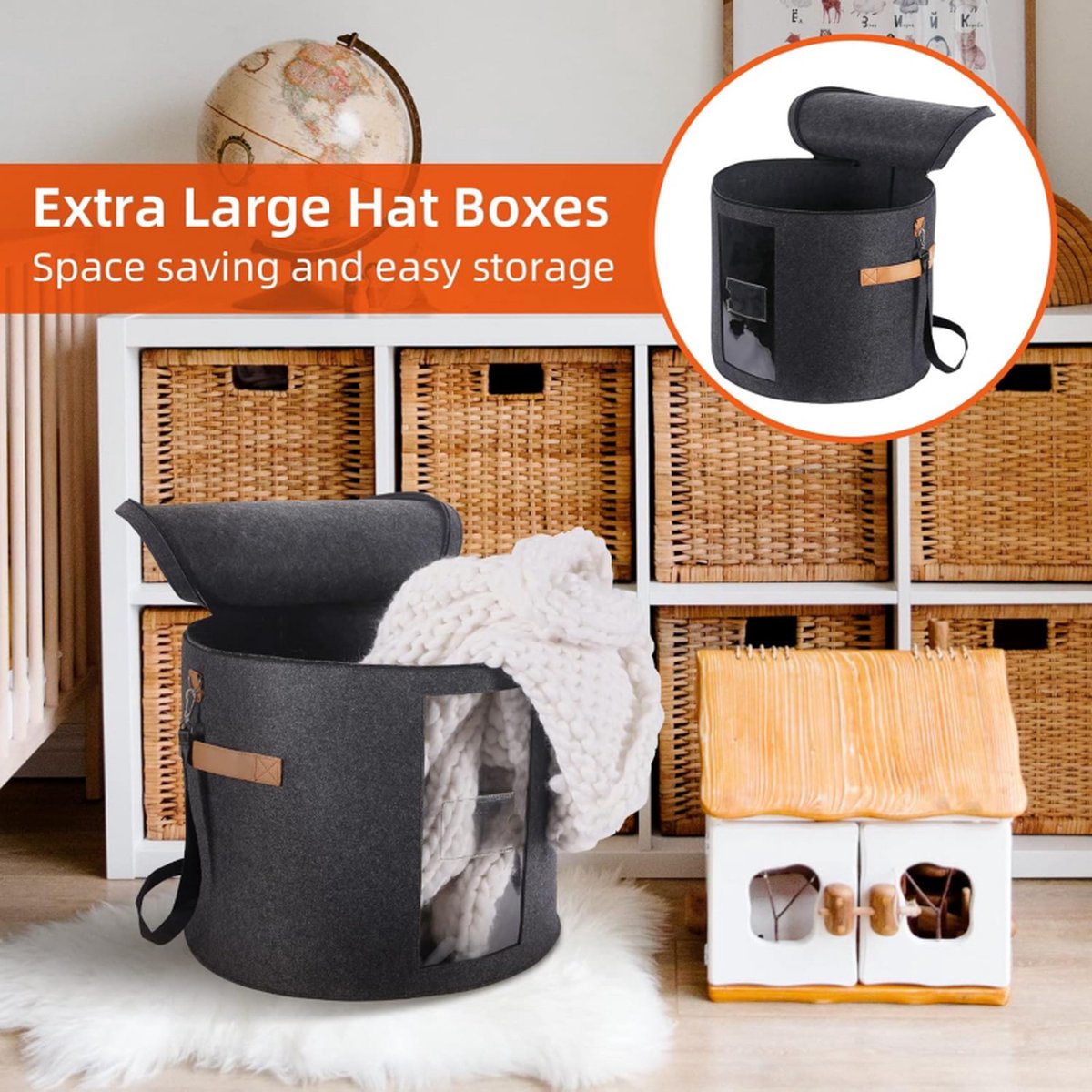 Hat box - storage boxes - Hat storage box - round - dark gray - 50 x 43 cm - felt - foldable - with lid and carrying handle and zipper - transparent window - Image 5