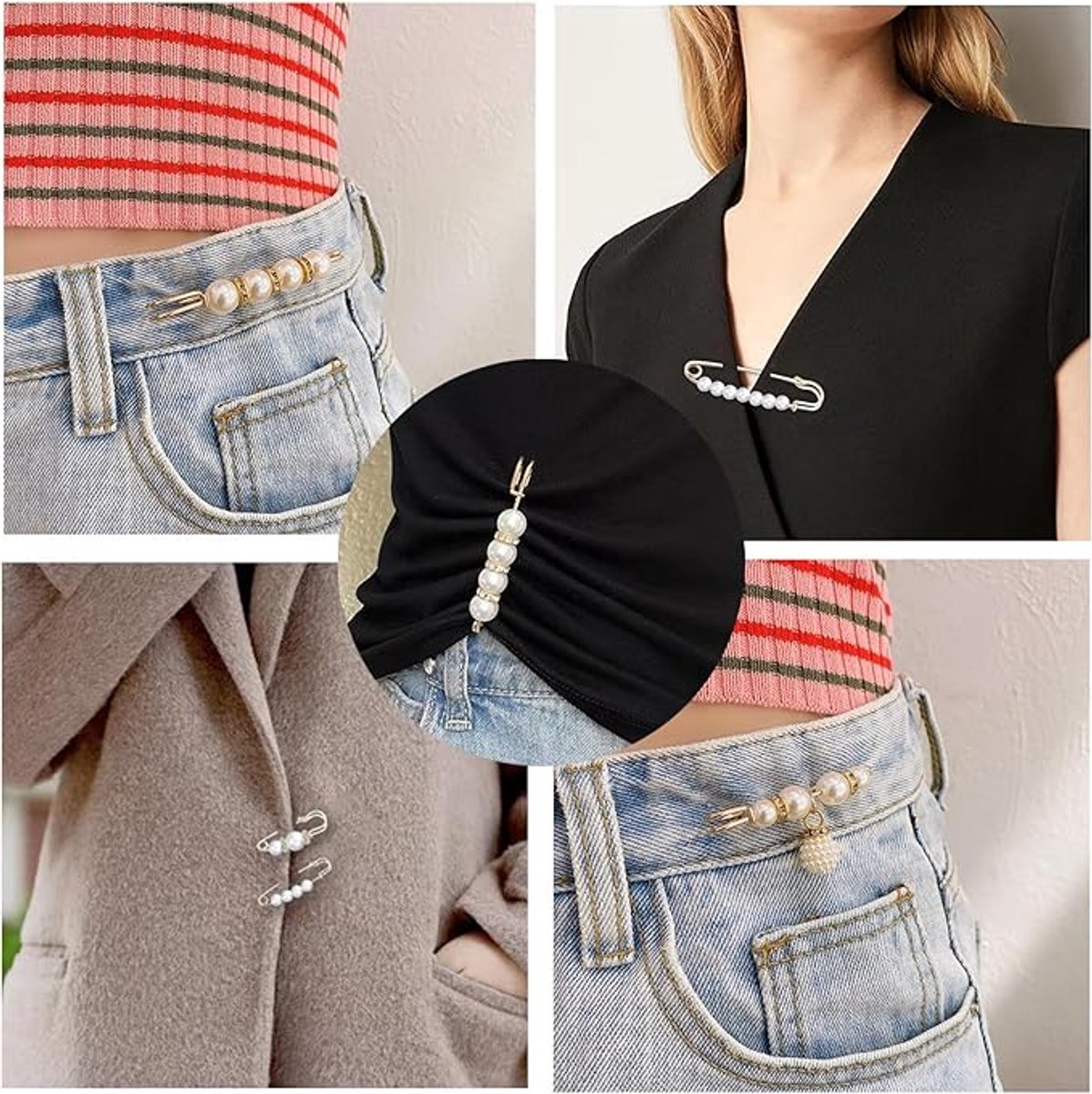 5 Pieces - 5 Styles Pin - Button Pins for Jeans - No Sew Jeans Button Pins - Brooch - Pin Closure Decollete - 75mm - Gold - Metal - White Pearl - Image 2