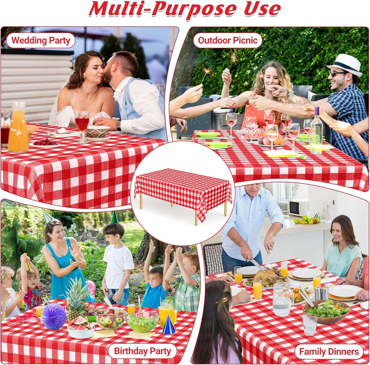 Tablecloths - Tablecloth - PEVA - Rectangular tablecloth - Water-repellent - Indoor and outdoor - Picnic tablecloth - Red checked tablecloth - Suitable for picnics, camping and parties - 137 x 274cm - Red - Image 4