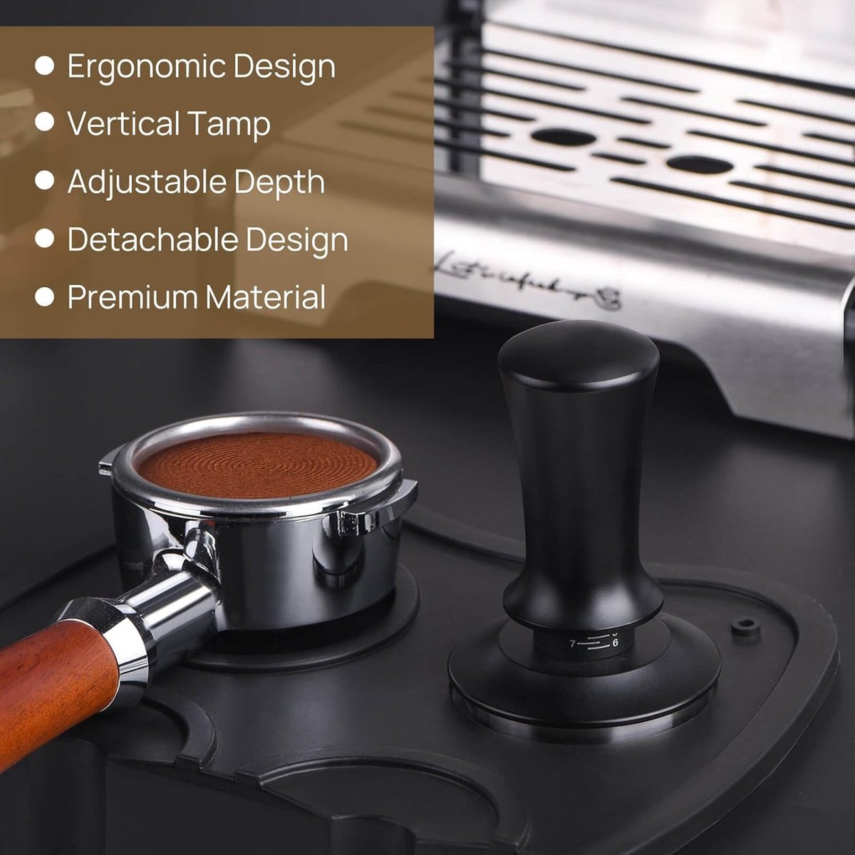 Coffee tamper - Tamper - 51 mm - Coffee press - Espresso tamper - 304 stainless steel - Aluminum handle - Base Ripple - Scale adjustment - For cafes, coffee lovers - Black - Image 2