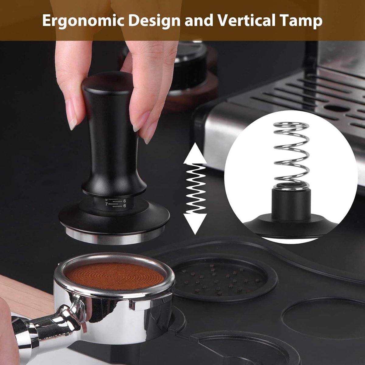 Coffee tamper - Tamper - 51 mm - Coffee press - Espresso tamper - 304 stainless steel - Aluminum handle - Base Ripple - Scale adjustment - For cafes, coffee lovers - Black - Image 4