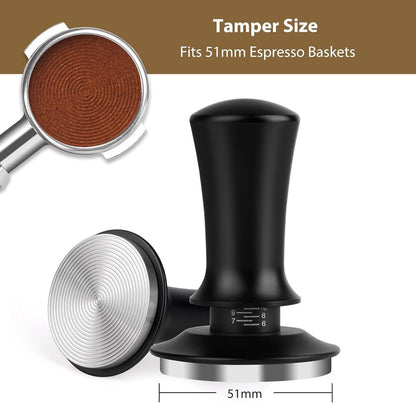 Coffee tamper - Tamper - 51 mm - Coffee press - Espresso tamper - 304 stainless steel - Aluminum handle - Base Ripple - Scale adjustment - For cafes, coffee lovers - Black - Image 5