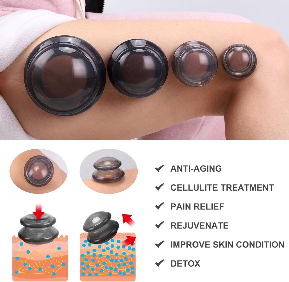 4-piece Cupping cup - Cupping cups - silicone cups - Cupping Set - Cupping For Cellulite - vacuum cup - For reducing cellulite anti-aging relieves pain and joints for buttocks, neck, body - black - Image 7