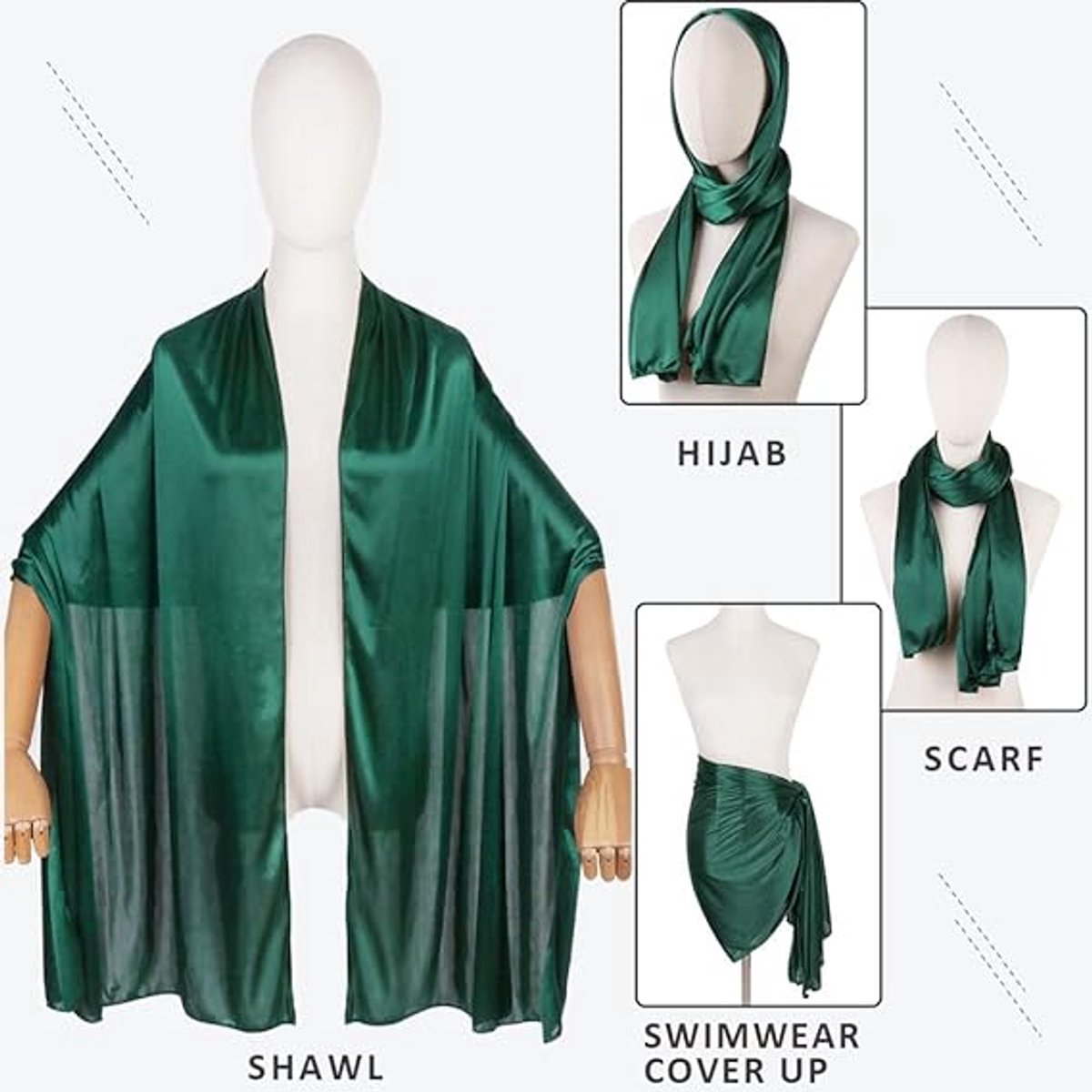 Shawl - 200*70 cm - Soft & Skin-friendly - Thin Wrap Scarf - Stole - Neck Scarf - Fashion Scarf - Women's Scarf - Long Satin Shawl Scarf - Shawls for Evening Dresses - Dark Green - Image 3