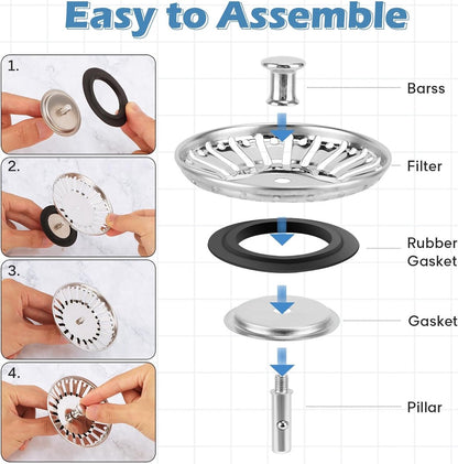 Sink Drain Plug - 2 pieces - Drain stopper - Strainer - 84mm - Stainless steel - Silver - Image 3
