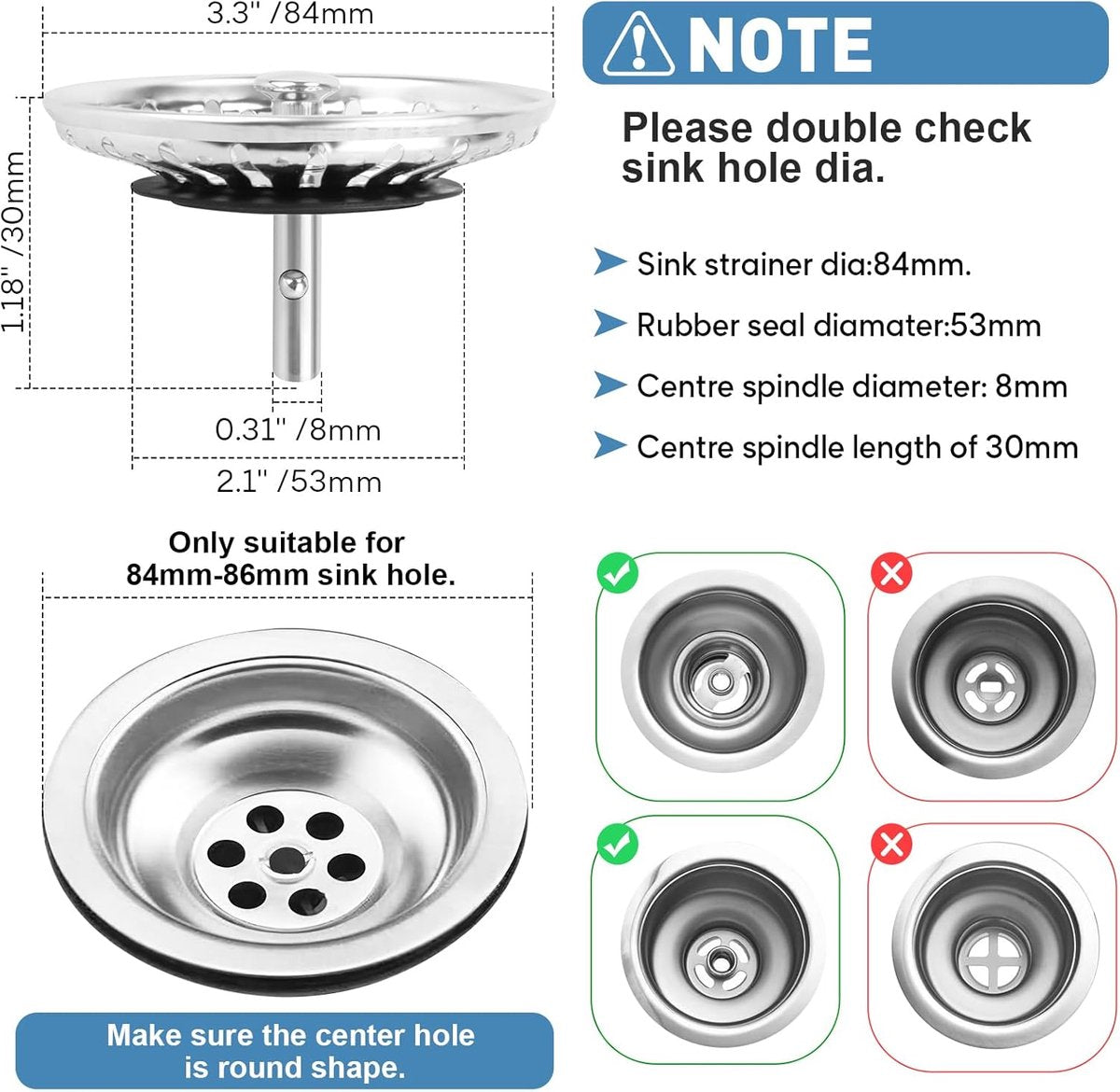 Sink Drain Plug - 2 pieces - Drain stopper - Strainer - 84mm - Stainless steel - Silver - Image 4