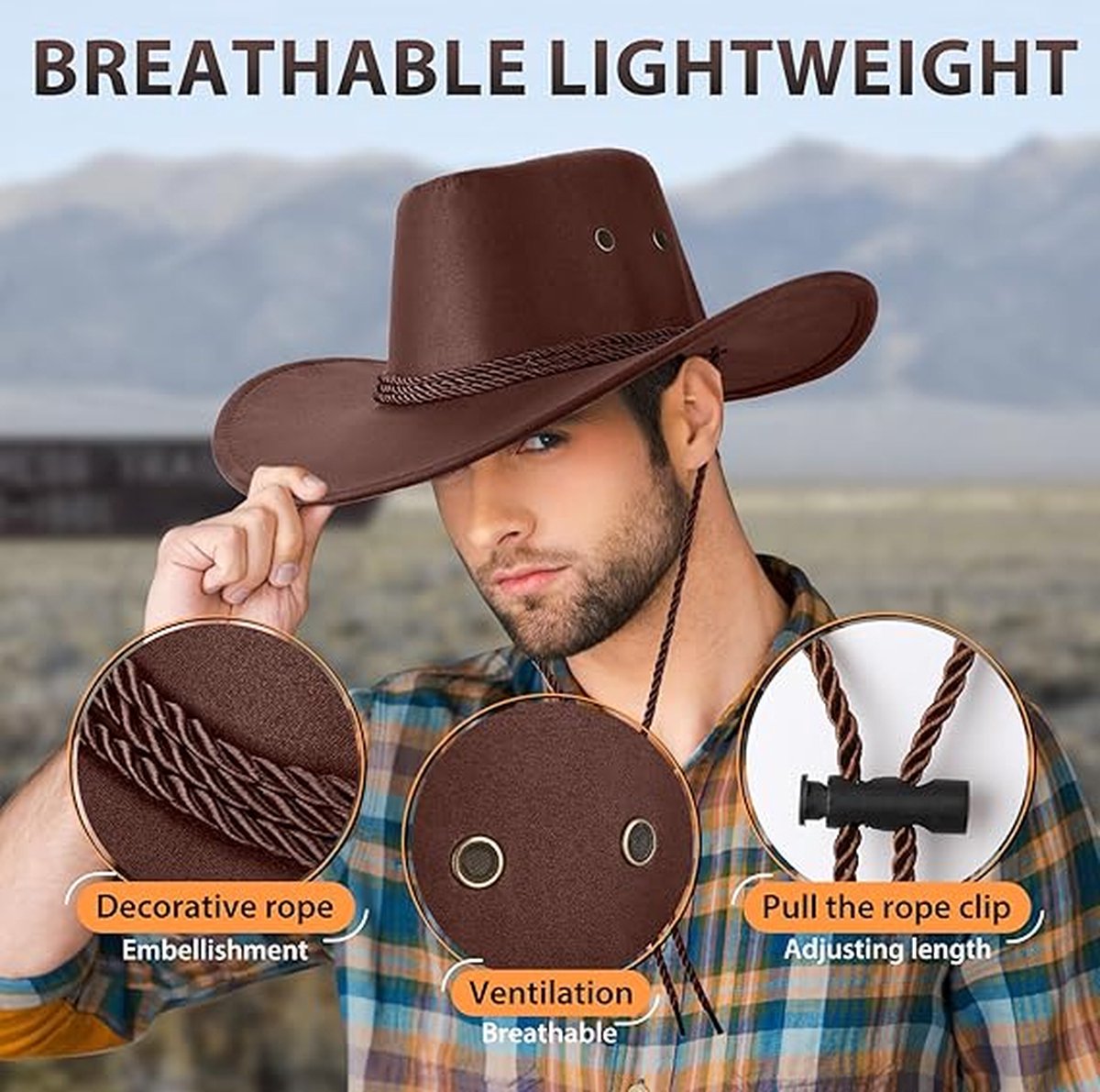 Beanie - Hat - Cowboy Hat - Hunter Hat - Polyester - Brown - 56-58 cm Head Circumference - Unisex - Wide Brim Hat - Image 2
