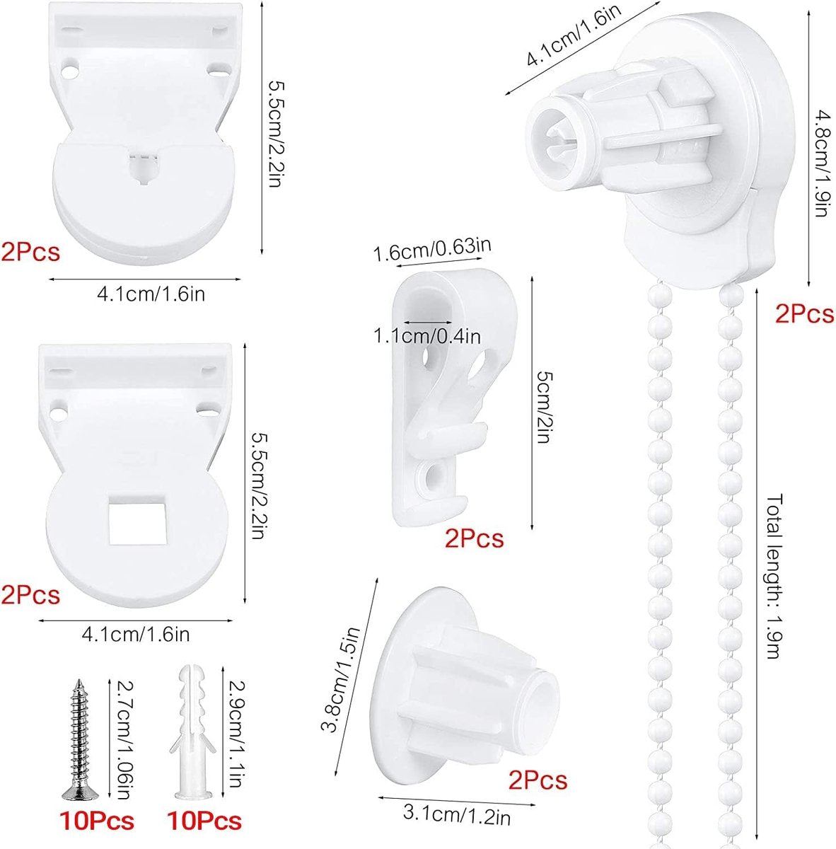 2 set - Roller blind system - roller blind fitting - bead chain - Curtain parts - window decoration accessories - roller blind chain - replacement repair kit for roller blinds - for Ø25 MM roller blind tube - with P-clips and screws - White - Image 2