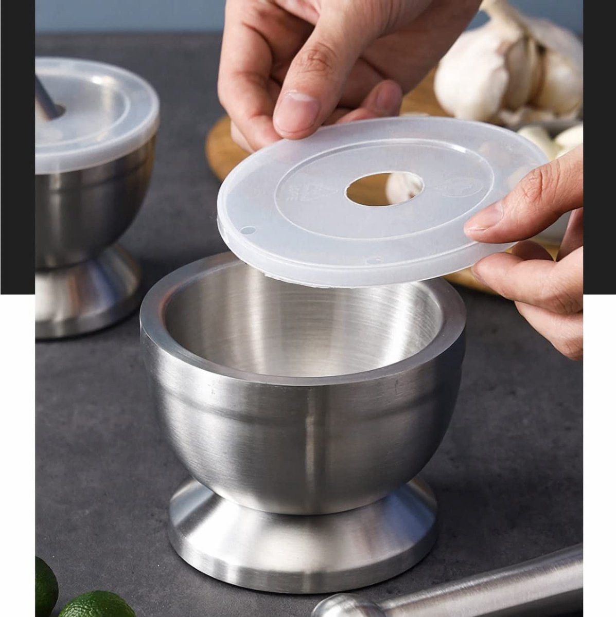 Mortar and Pestle - Stainless Steel Mortar and Pestle, Food Safe Pestle and Mortar Stainless Steel, Diameter 8.5 cm - Herb Grinder - Spice Grinder - With Lid - Image 2
