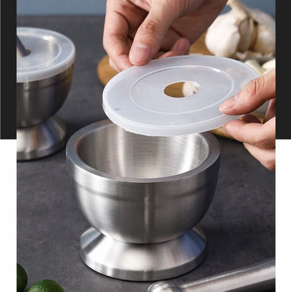 Mortar and Pestle - Stainless Steel Mortar and Pestle, Food Safe Pestle and Mortar Stainless Steel, Diameter 8.5 cm - Herb Grinder - Spice Grinder - With Lid - Image 2