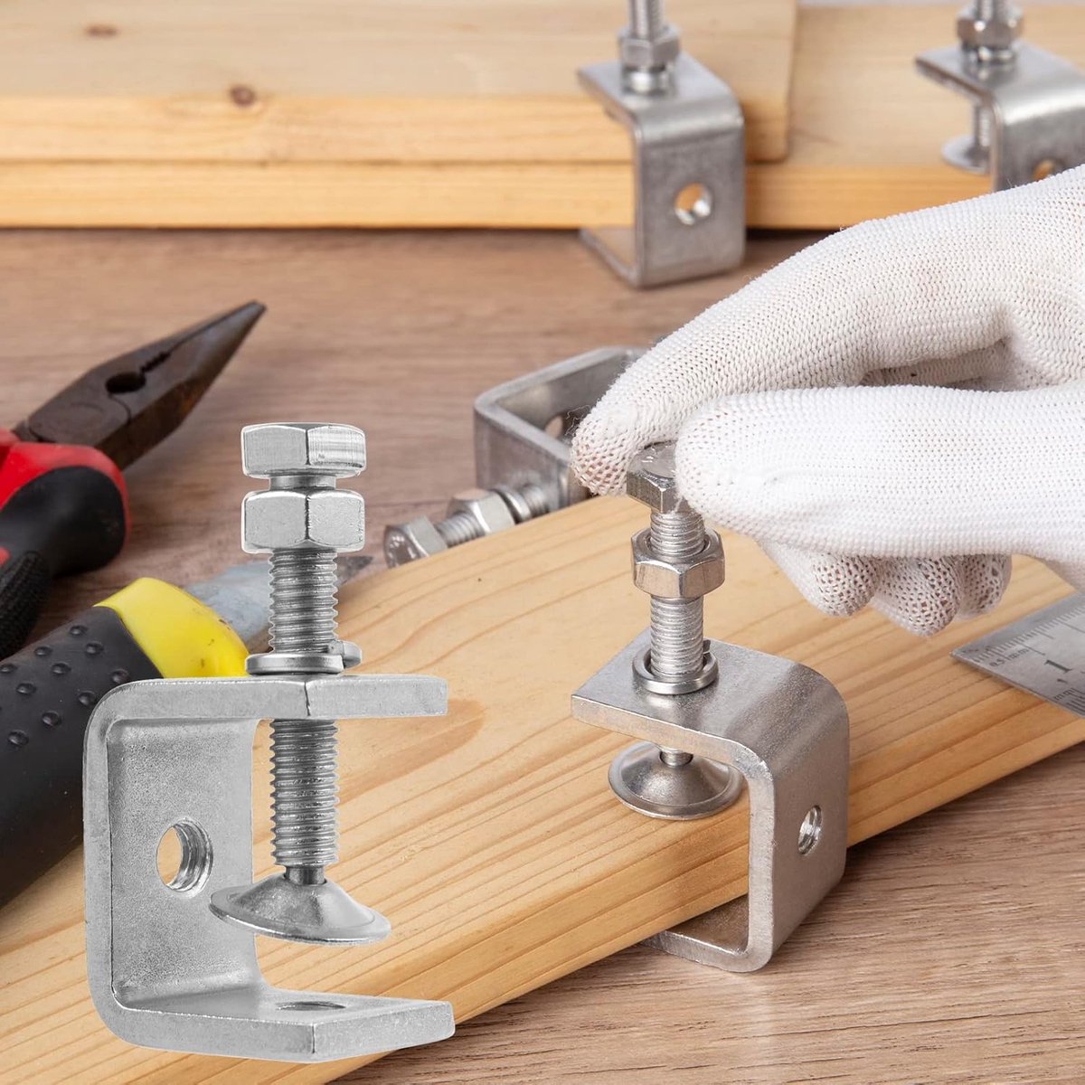 C-Clamps - Pack of 6 - With M8 Hexagon Bolts - Glue Clamps - Adjustable Clamping Range 0-25 mm - For Woodworking and Welding - Stainless Steel - Silver - 2.4*3.2*5.5 cm - Image 4