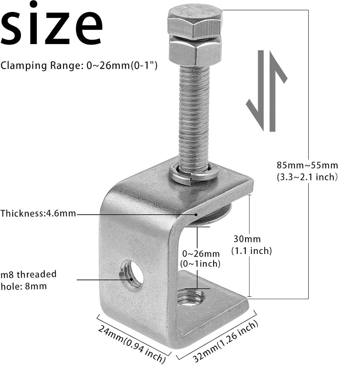 C-Clamps - Pack of 6 - With M8 Hexagon Bolts - Glue Clamps - Adjustable Clamping Range 0-25 mm - For Woodworking and Welding - Stainless Steel - Silver - 2.4*3.2*5.5 cm - Image 6