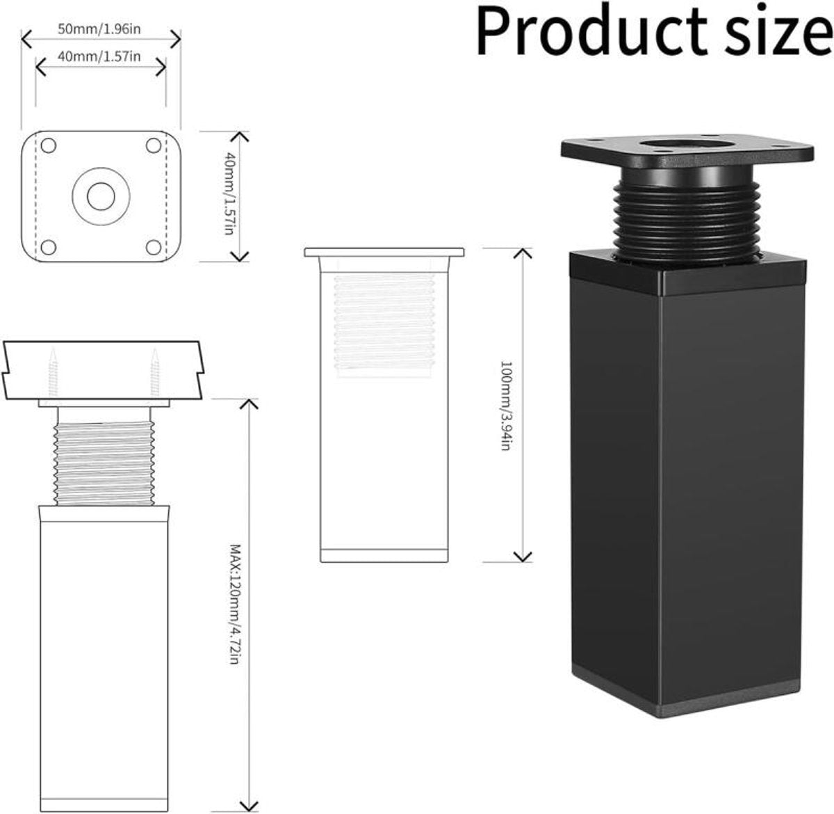 Furniture Legs - 4 Pieces - Table Legs - Aluminum Alloy - With Screws - Square - Sofa Leg Support Accessories - Adjustable - Modern - Suitable for Sofas, Coffee Tables, Cabinets, TV Stands, Desks, Shelves, Dressing Tables - 10cm - Black - Image 5