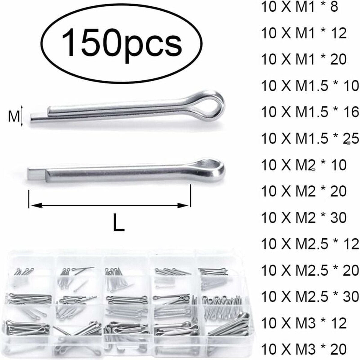 Split pins - 150 pieces - 15 different sizes - stainless steel - silver - for small mechanic repairs - Image 4
