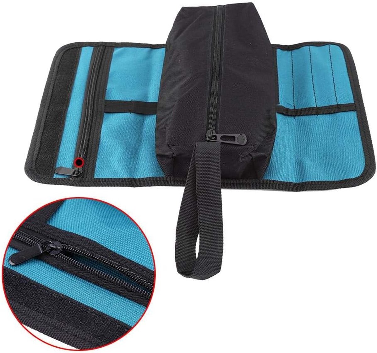 Tool roll - Tool bag - Tool pouch - Cosmetic bag - Storage bag - Tool bags - Universal - 24 x 36 cm - black/blue - Foldable - polyester - Suitable for electricians and technicians - with wrist strap - Image 3