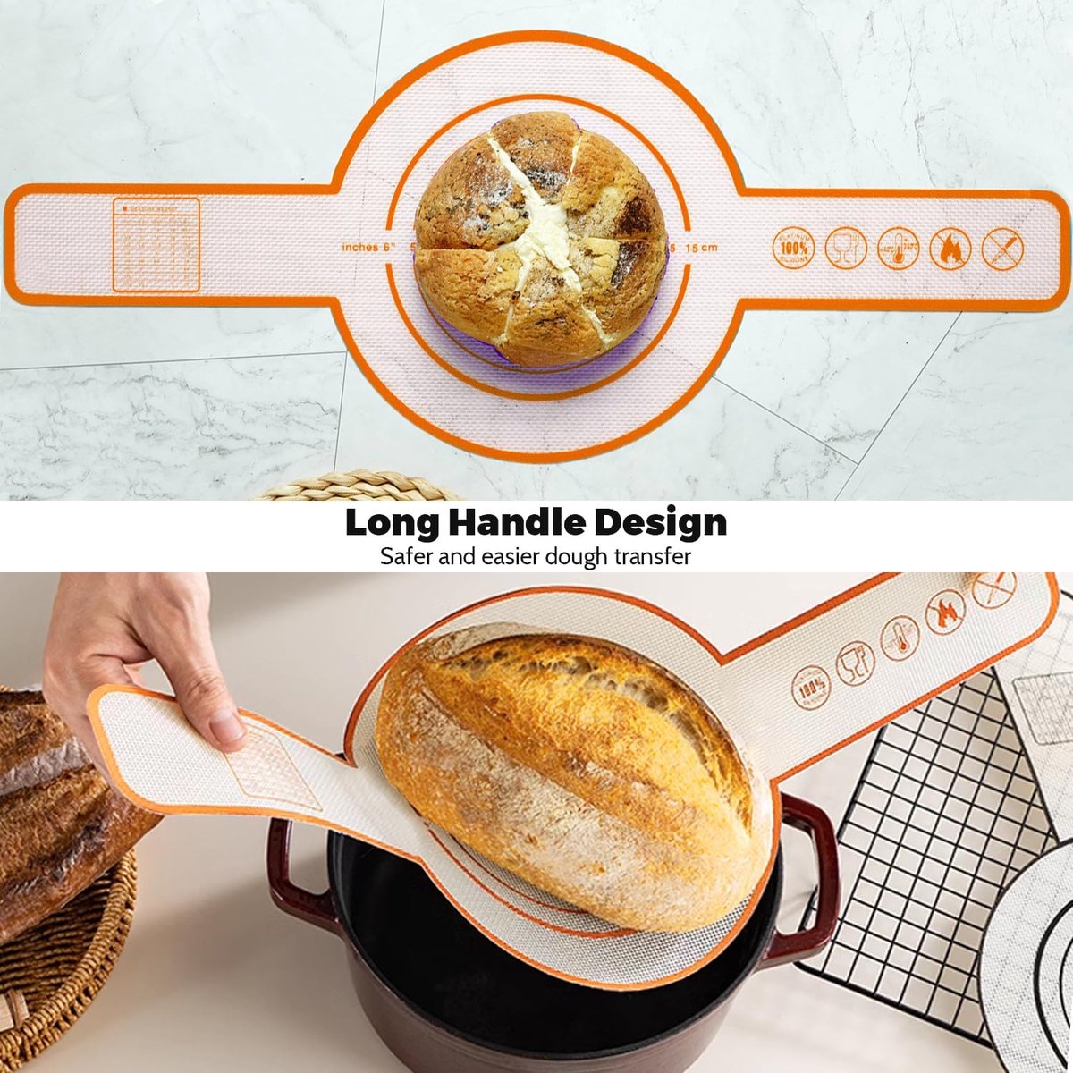 3 Pieces Oven Baking Mat - Bread Sling - Multifunctional - Silicone - Sling Baking Mat with Long Handle - Bread Baking Mat - Reusableh Oven Liner with Long Handles - Suitable for air fryer, oven and microwave - 52.5×21.5×0.07cm - Image 2