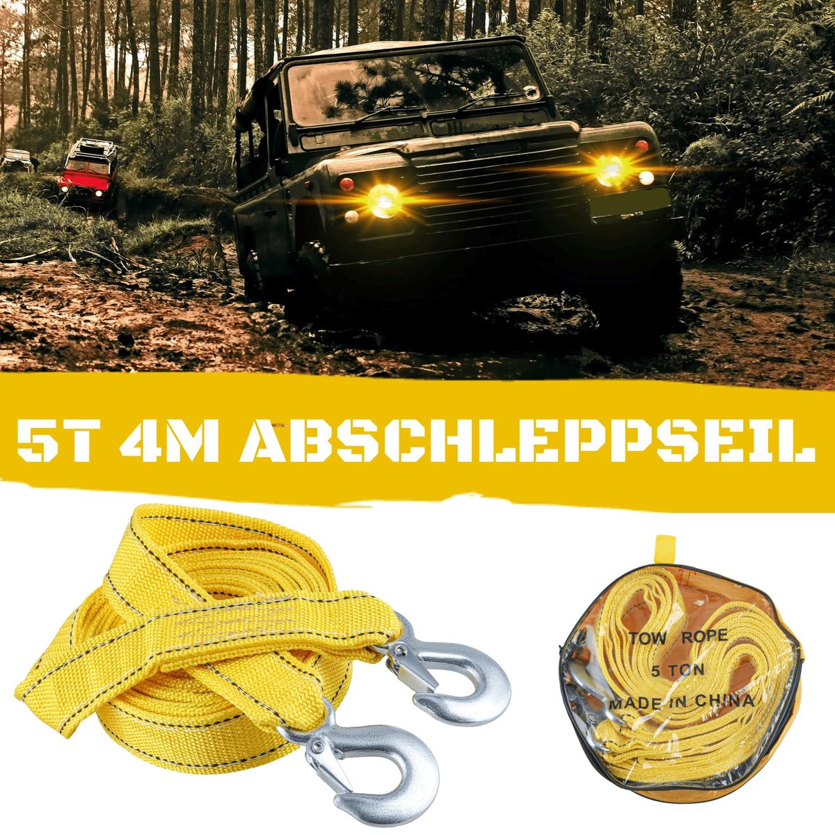 Tow rope Tow strap Tow rope car - 4 m 5000KG - nylon and steel - yellow - Image 7