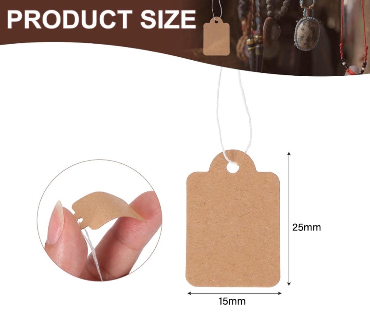 300 pcs - Price tags - Price tags Hang Tags with String - 15 x 25 mm - Hangtag - Tags - Brown - Kraft Cardboard Labels - Labels - Image 4