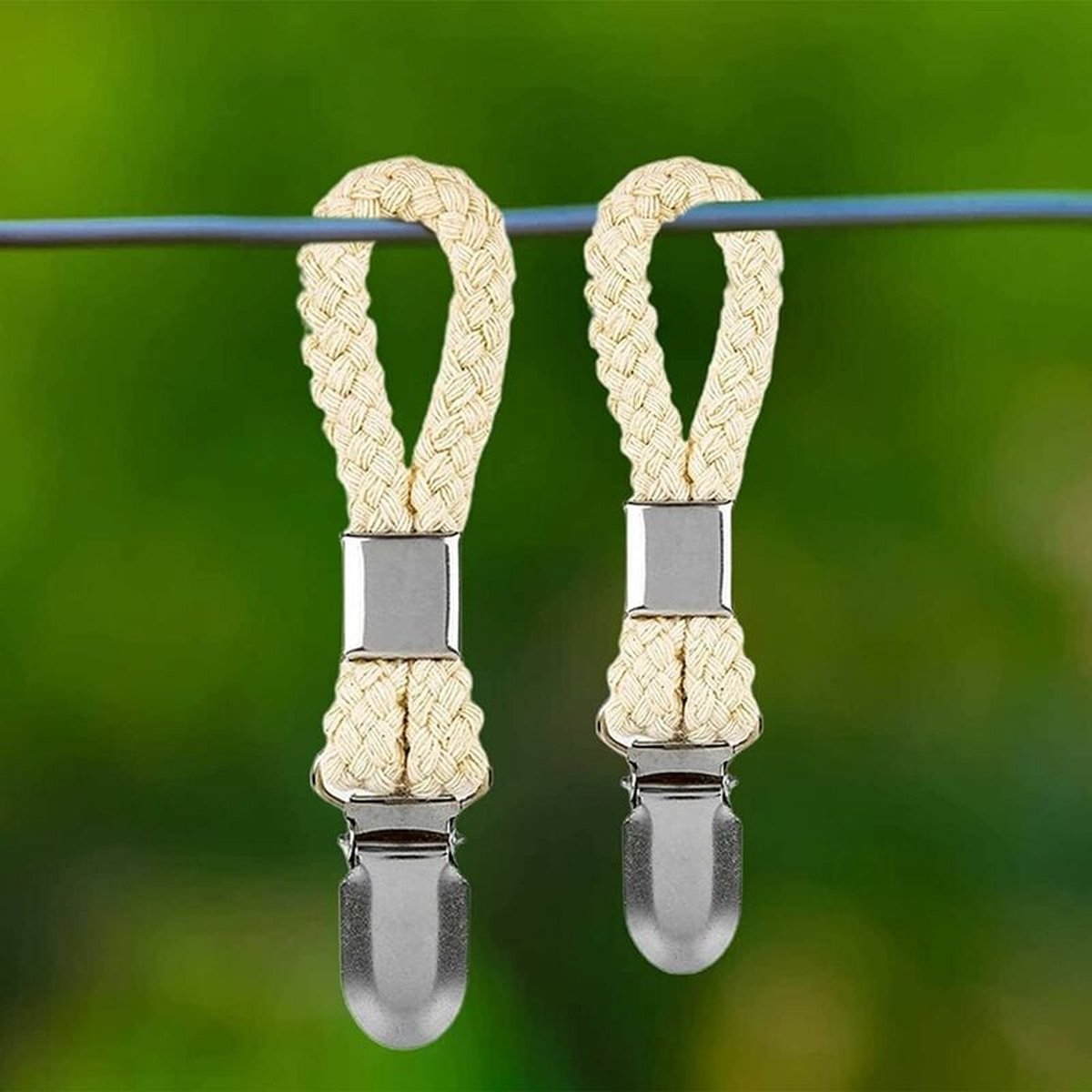Towel hooks - 10 pieces - Tea towel hooks - Towel clips - Iron and cotton rope - beige and silver - 2.3x11.5cm - for hanging tea towels, beach towels, bath towels - Image 4