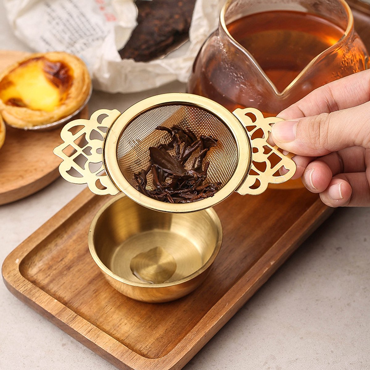 2 pieces - Tea strainer - Tea strainer - With handle and drip plate - gold - Tea filter for loose tea - Tea infuser - Stainless steel tea filter - 11.2*6.5*2.5cm - Image 4