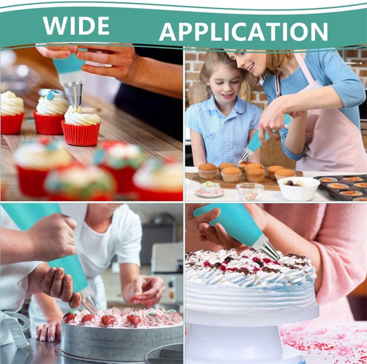 Silicone Piping Bags and Nozzles Set - With 6 Nozzles - Reusable Pastry Icing Bags - For Cupcakes, Cookies, Cream Cake Decorating - Blue - Image 3