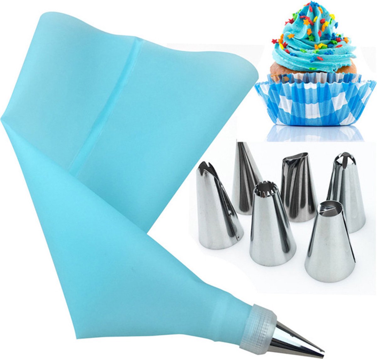 Silicone Piping Bags and Nozzles Set - With 6 Nozzles - Reusable Pastry Icing Bags - For Cupcakes, Cookies, Cream Cake Decorating - Blue - Image 5