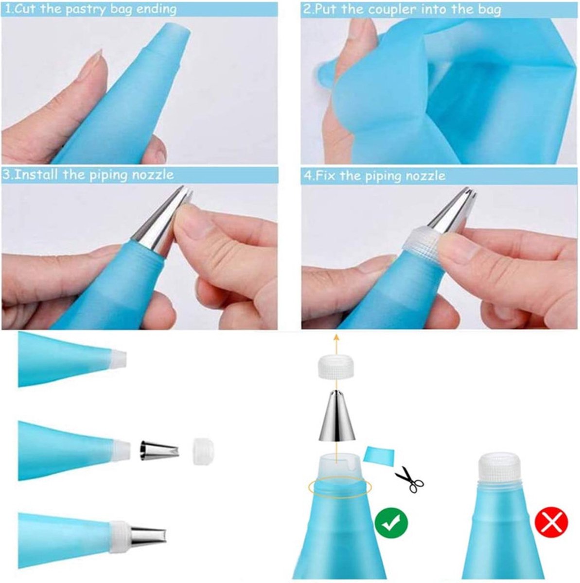Silicone Piping Bags and Nozzles Set - With 6 Nozzles - Reusable Pastry Icing Bags - For Cupcakes, Cookies, Cream Cake Decorating - Blue - Image 6