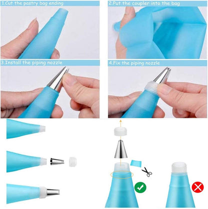Silicone Piping Bags and Nozzles Set - With 6 Nozzles - Reusable Pastry Icing Bags - For Cupcakes, Cookies, Cream Cake Decorating - Blue - Image 6