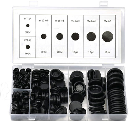 Rubber Grommet - Pack of 200 - Black - 7mm/9mm/12mm/16mm/20mm/22mm/25mm - Closed Rubber Grommet - For Wire, Electrical Installation, Cable Protection - Round Rubber Stopper