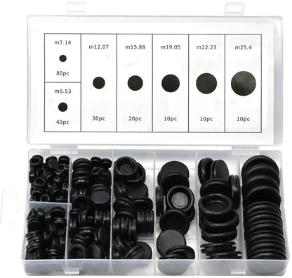 Rubber Grommet - Pack of 200 - Black - 7mm/9mm/12mm/16mm/20mm/22mm/25mm - Closed Rubber Grommet - For Wire, Electrical Installation, Cable Protection - Round Rubber Stopper
