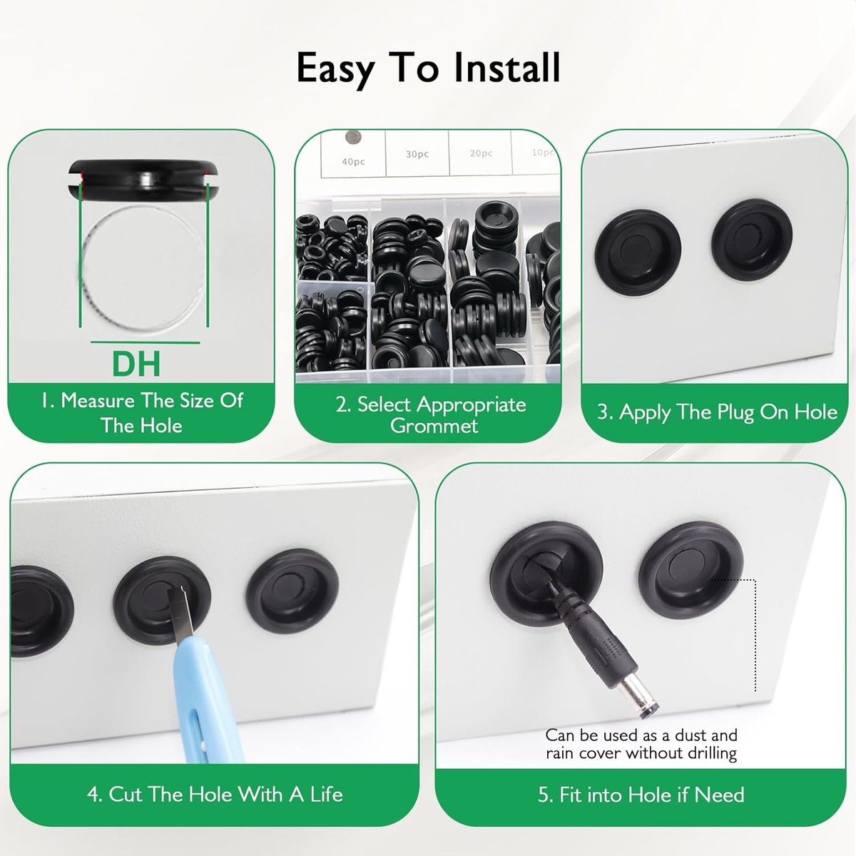 Rubber Grommet - Pack of 200 - Black - 7mm/9mm/12mm/16mm/20mm/22mm/25mm - Closed Rubber Grommet - For Wire, Electrical Installation, Cable Protection - Round Rubber Stopper - Image 2