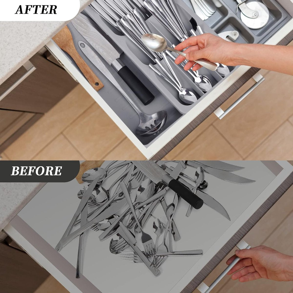 2 in 1 Storage Box - Cutlery Organizer - Cutlery Tray - Drawer Organizer - Multifunctional Cutlery Tray - Pull-out Cutlery Tray - Cutlery Tray Drawer Divider - Small Cutlery Tray for Kitchen - Storage Bins for Cutlery Storage - Gray - PP - 40.5*16.5*5.5cm - Image 2